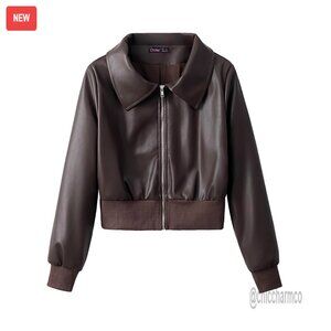 Faux Leather Moto Bomber Jacket Fitted Zip Up Ribbed Cuffs Chic Y2K